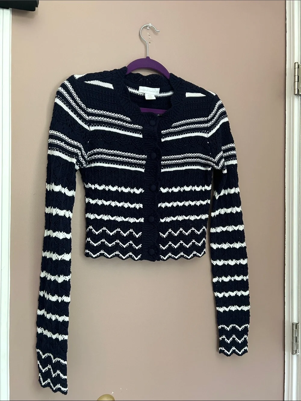House of Harlow 1960 Striped Knit Cropped Cardigan Navy White XS